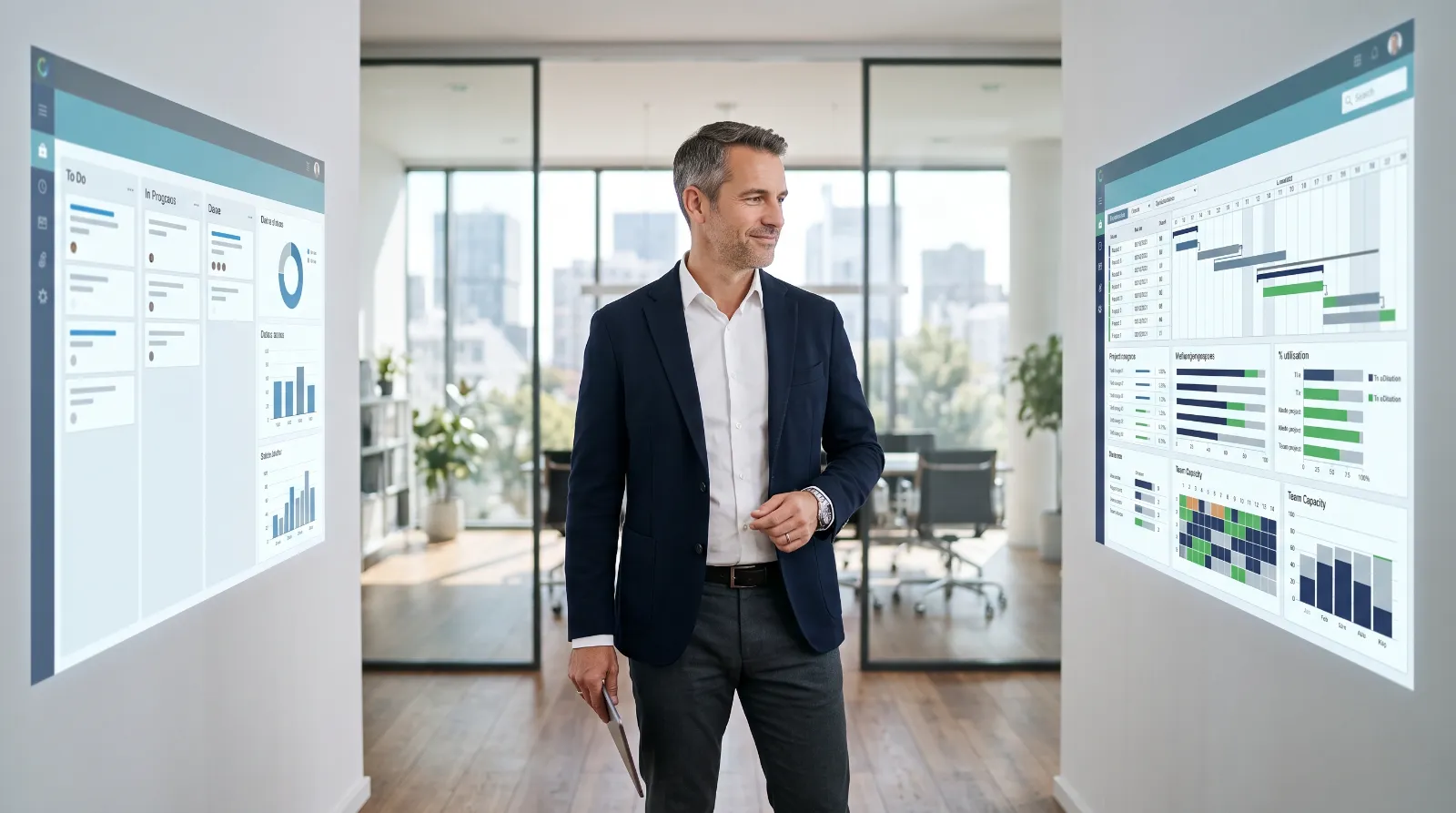 Führungskraft vergleicht bewusst zwei Multiprojektmanagement-Softwarelösungen